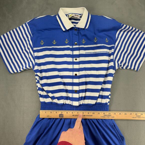 VTG CA Sports Romper Women's Medium Blue/White Striped Nautical Stranger Things - Picture 6 of 8
